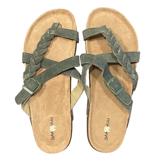 GAAHUU Shoes - GAAHUU Womens Green Suede Braided T-Strap Buckle Slide Sandals Size 11 Boho